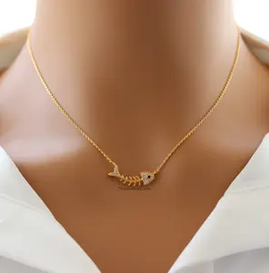 18K Gold Plated CZ Bonefish Pendant Necklace – Sparkly Nautical Charm for Ocean Lovers