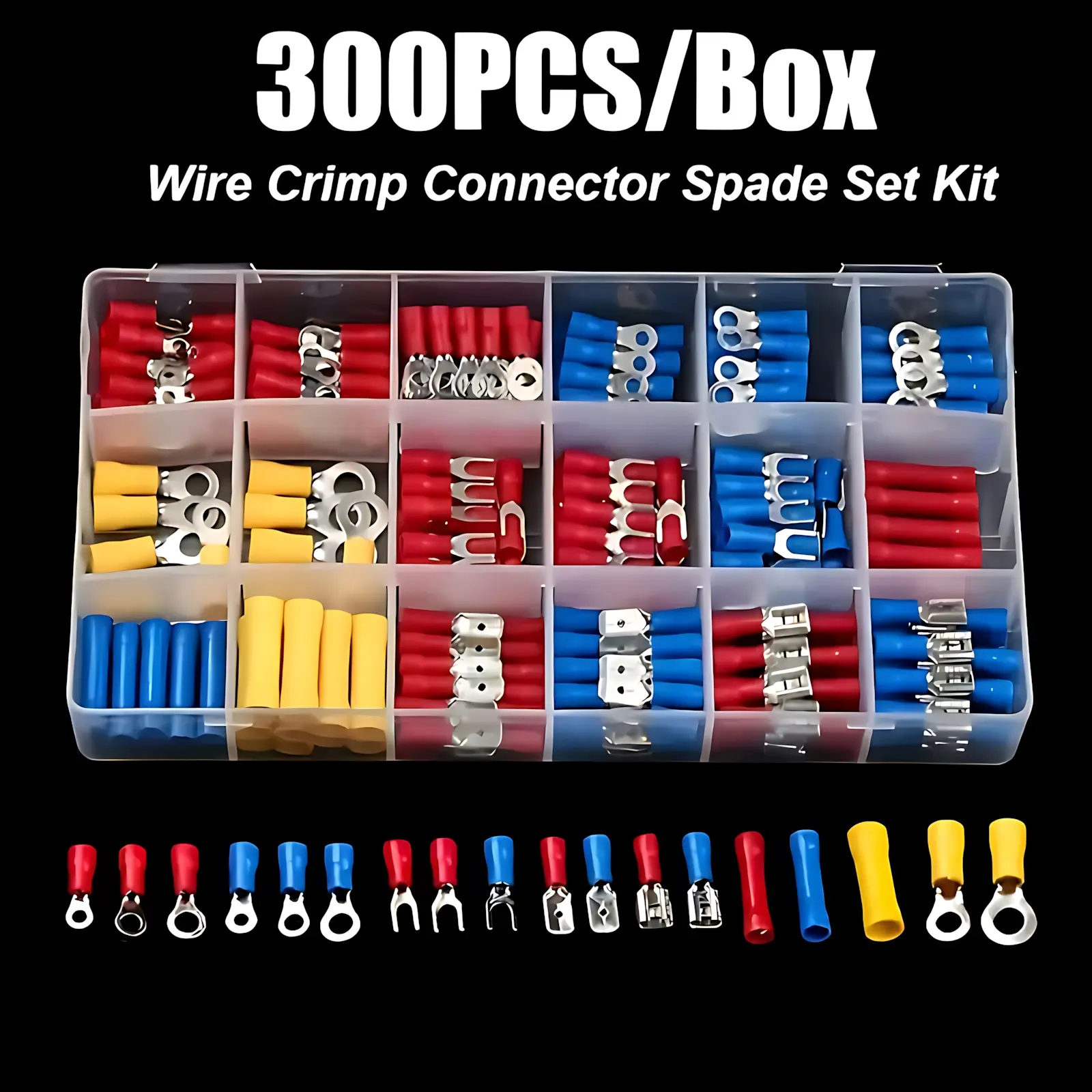 Insulated Electrical Wire Connectors Kit - 300-Piece Assortment of Sizes, Crimp-Butt/Ring/Spade Terminals & Cable Lugs, Heat-Resistant, Home Improvement Connectors & Terminals Comprehensive Solution, 300 Pieces