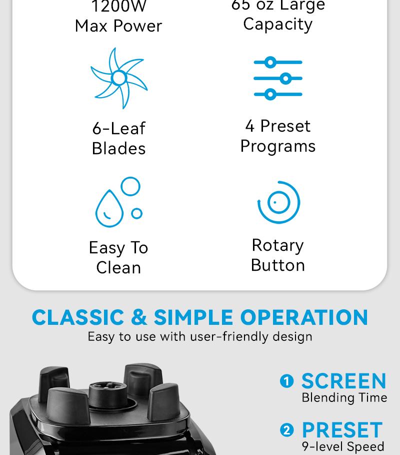 Pukomc Professional 1200W Blender &ndash; 9 Speed Settings + Pulse &ndash; Ice Crushing, Smoothies, Juicing &ndash; 65oz Capacity