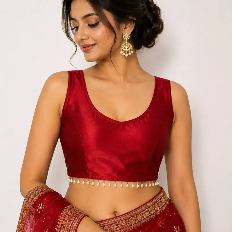 Red Sleeveless blouse with pearl boarder for saree