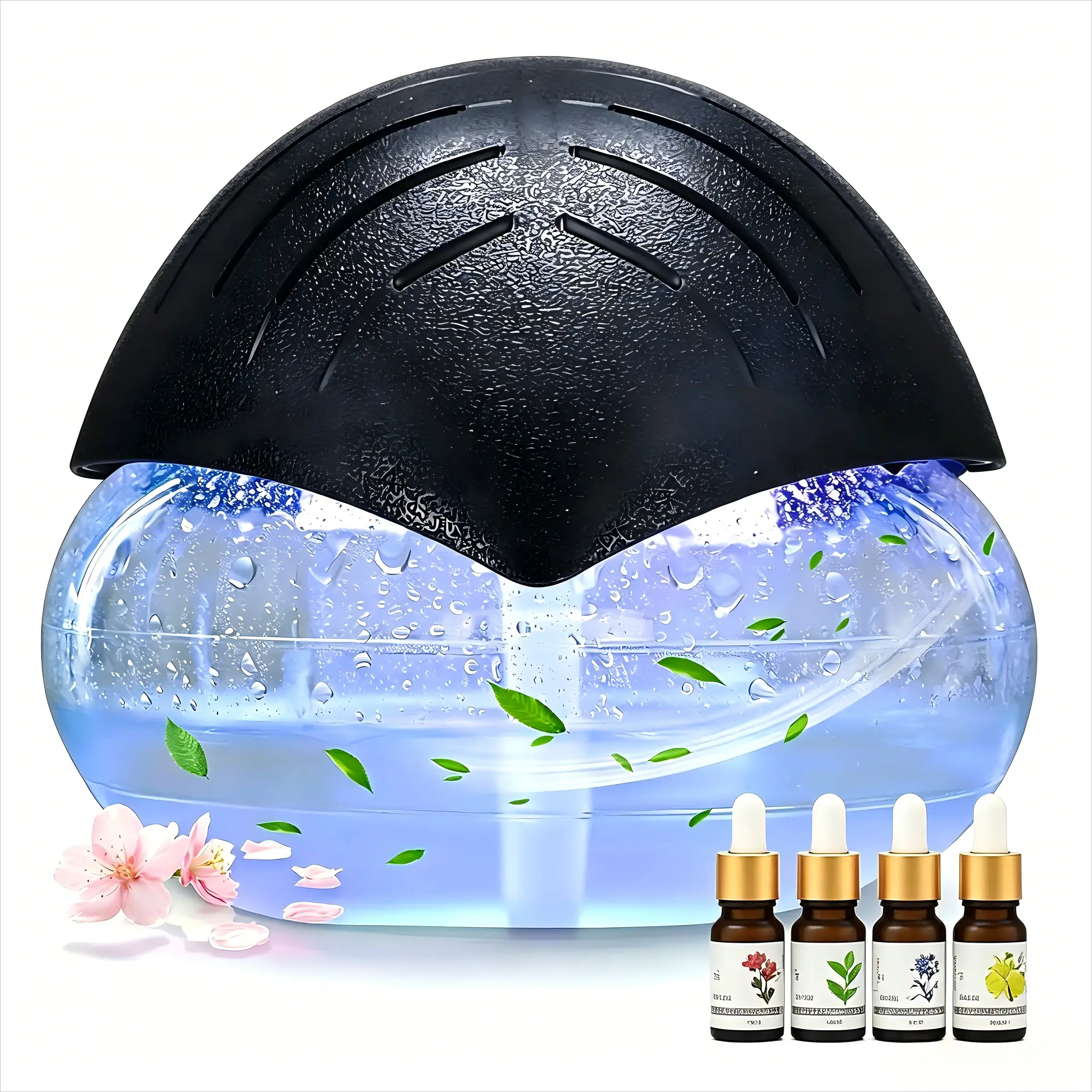 Portable air humidifier, suitable for home and office use, equipped with 4 10ml fragrance oils and an LED night light.