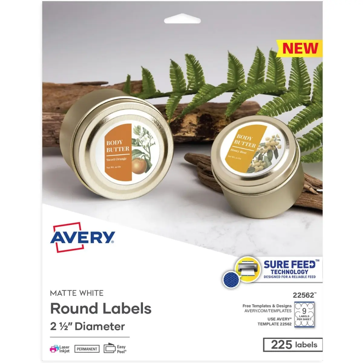 Avery 2.5 in. Round Sure Feed Matte White Labels - Pack of 225, Adhesive, Permanent, Self-Stick, Stick On Labels & Stickers, Adhesive Labels & Stickers