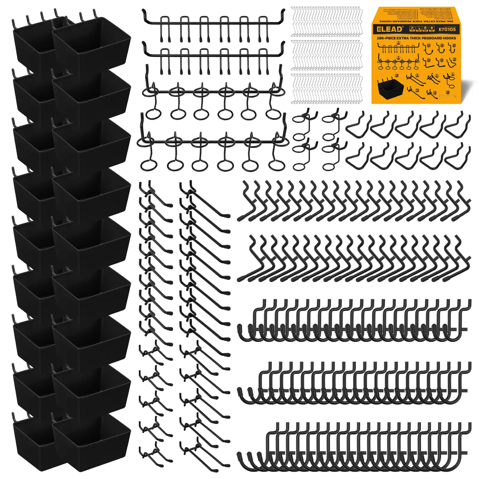 286-Piece Extra Thick Pegboard Hooks Set, 1/4" Heavy Duty Black Peg Board Organizer Accessories with Bins, Metal Pegboard Accessories with Pegs Lock, Peg Board Hooks for Hanging