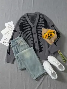 2026 Elegant Button Jacquard Halloween Knitted Cardigan Sweater Unisex Streetwear Loose Polyester Vintage Casual Jacket