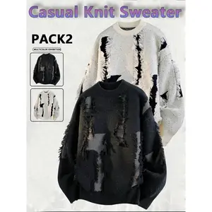 Men's Ripped Drop Shoulder Sweaters, Loose Casual Street Soft Comfy Long Sleeve Round Neck Knit Tops, Jumper for Fall, Fashion Men's Knitwear for Daily Wear, Menswear, Crewneck Streetwear, Graphic Pullover, Casual Cozy Jumper, Stylish Crewneck Top