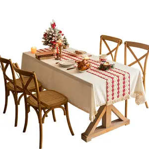 New Years Red Table Runner Cotton Linen with Tassels New Year Series Long Tablecloth Bed Runner Atmosphere Decoration