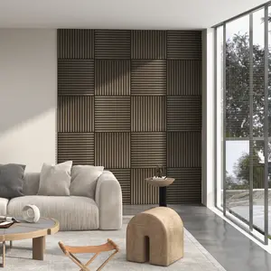 Four-piece set of brown 24×24-inch slat wall panels crafted from MDF and high-density polyester fiber to enhance the viewing experience in home theaters and daily leisure spaces.