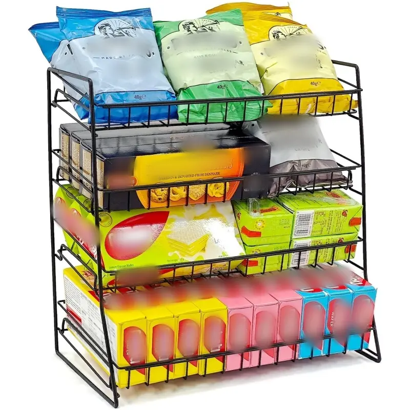4 Tier Countertop Snack Display Rack, Upgraded Snap-On Metal Candy Organizer Shelf, Freestanding Chip Cookie Display Stand, Easy Assembly Counter Snack Holder for Retail Store, Snack Shop, Food Truck, Kitchen Pantry & Home Theater Candy Bar Storage