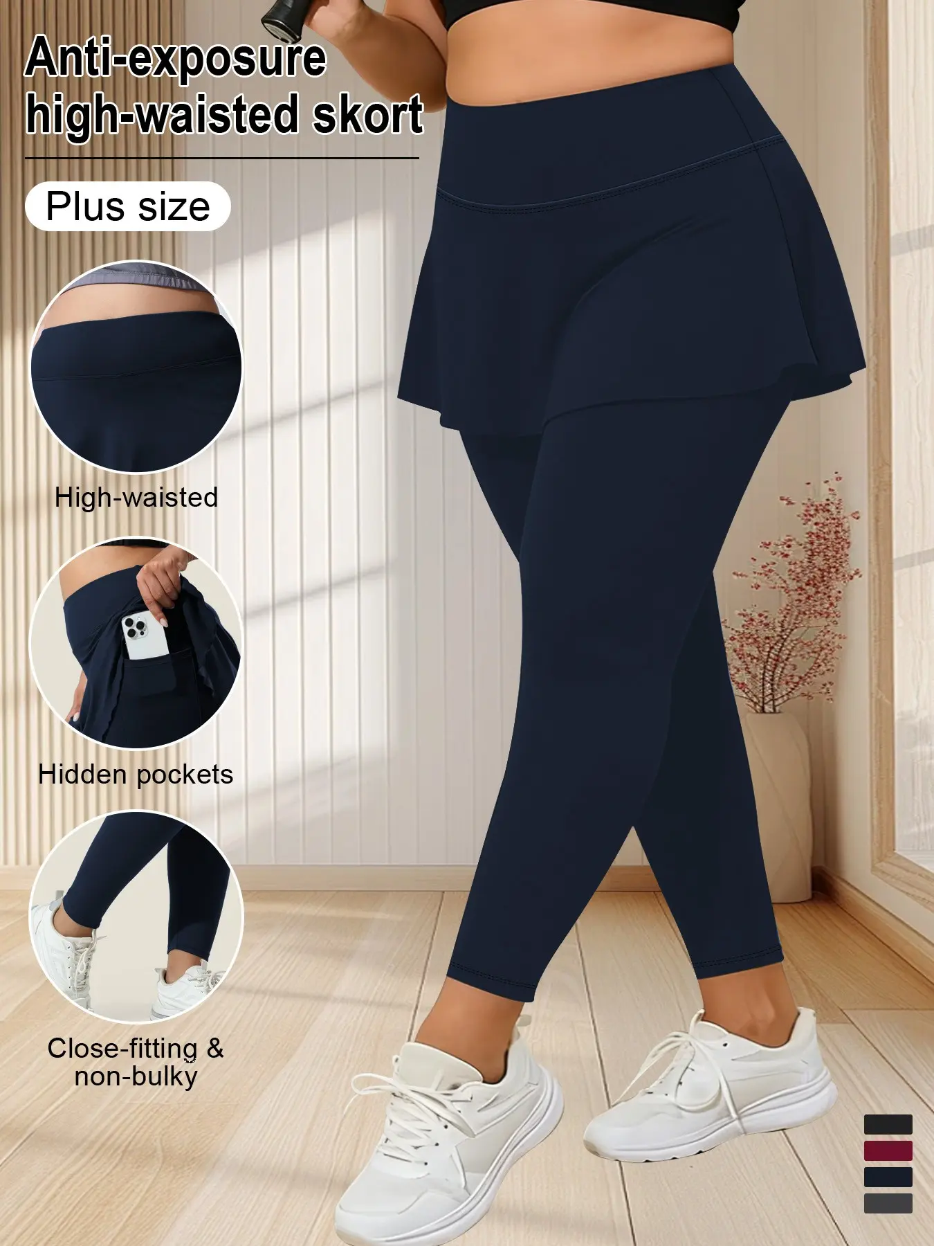 Women's Plus Size Solid Color Casual Short Multifunctional Pocket Commuter Skirt Pants, All Day Skort, Pockets Skorts, Comfortable Fashion for Office and School Womenswear