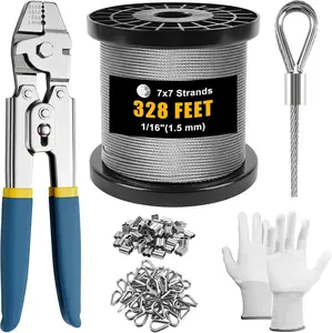 Cyrico FT Wire Rope Crimping Tool Kit, /" Stainless Steel Cable with Cutter, Heavy Duty Crimper, PCS Aluminum Crimp Loop Sleeves, PCS Thimbles, Gloves for Railing, String Lights, Fishing