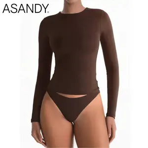 ASANDY Women's Long Sleeve Crew Neck Plain Polyester Top - Stretchy, Seamless, Slim Fit Basic Tee with Elegant Silhouette, Versatile for Daily Layering & Casual Streetwear