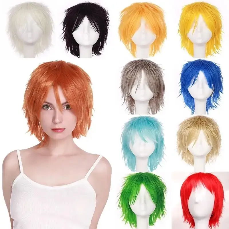 Synthetic Wig Cosplay Wig White Red Green Blue Pink Yellow Hair Short Layer Wig Fake Hair Extension Men Women Party Wig