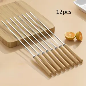 12 Pcs BBQ Skewers BBQ Sticks Wooden Handle BBQ Sticks Outdoor Party Pointed BBQ Tools Barbecue Utensils