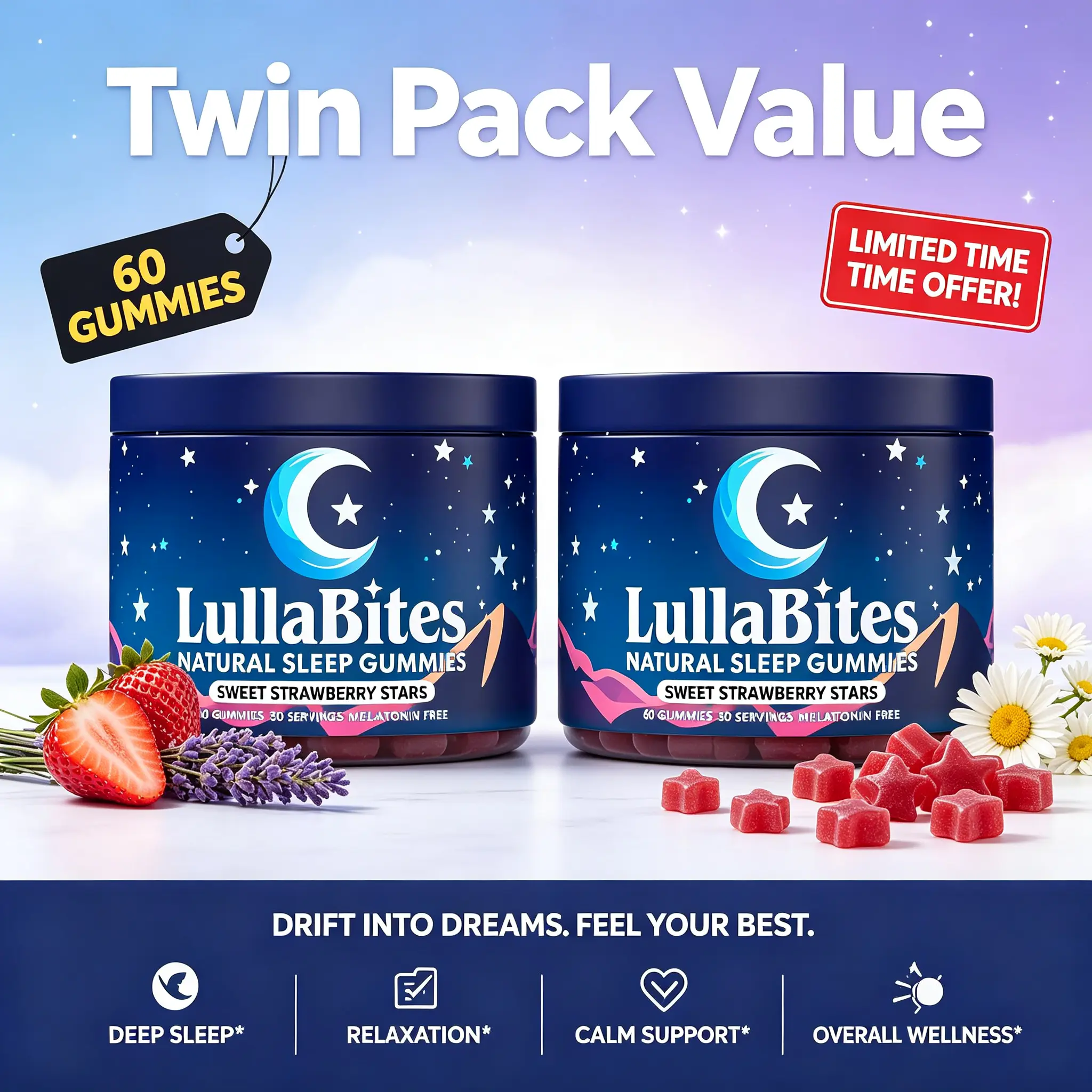 【TWIN PACK VALUE】LullaBites Melatonin-Free Sleep Gummies - Sweet Strawberry Stars Flavor, 30 Servings, Natural Nighttime Wellness Support Supplement