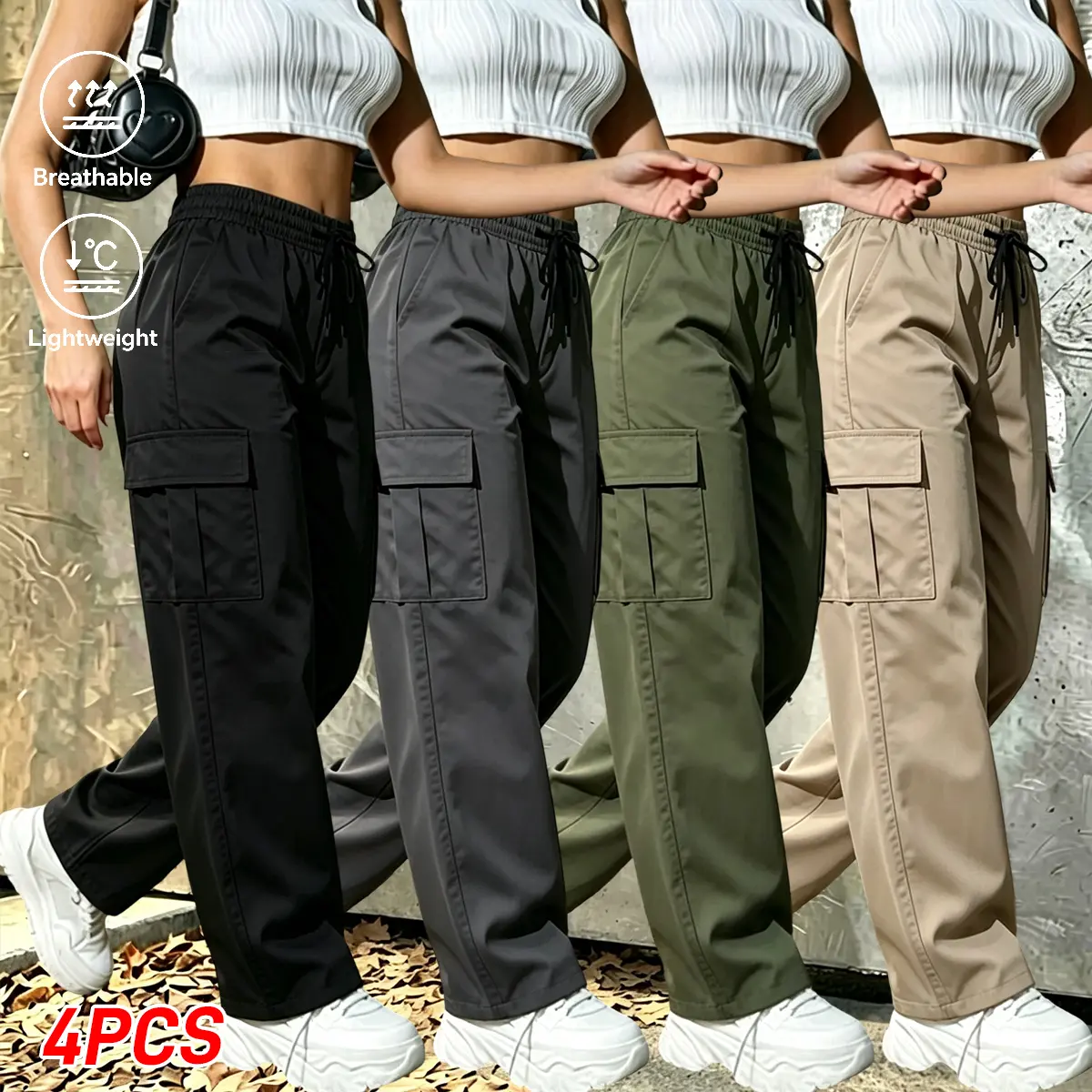 Women's Multifunctional Cargo Pants Set with Pockets - All-Season Straight-Leg Mid-Waist Activewear, Drawstring Waist, Machine-Washable Casual Outdoor Fitness Bottoms