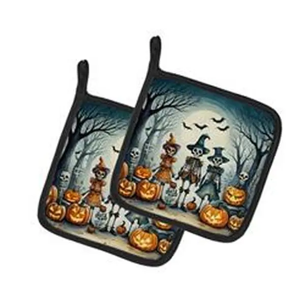 Colorful Fabric Halloween Kitchen Pot Holders - 0.3x7.5x7.5 in. Calacas Skeletons Spooky Design, Set of 2, Oven-Safe, Hanging Feature, Printed