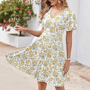 Summer New Casual Floral Ruffled Hem Mini A Line Dress