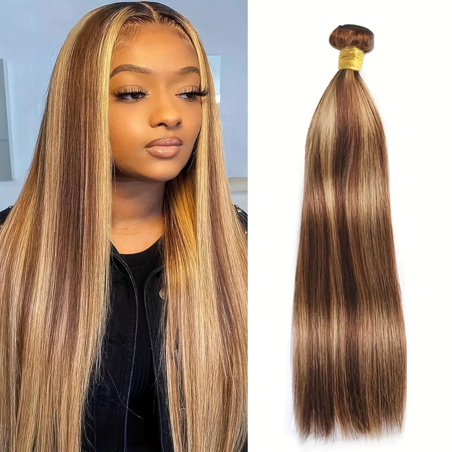 New 2025 Arrivals Highlight Bundles P4/27 Human Hair Extensions - Honey Blonde to Black Ombre Straight Double Weft Extensions for Women, Natural Look & Versatile Styling, Everyday Hair Extensions, Straight Hair Extensions, Versatile Hairpiece, Secure Clip