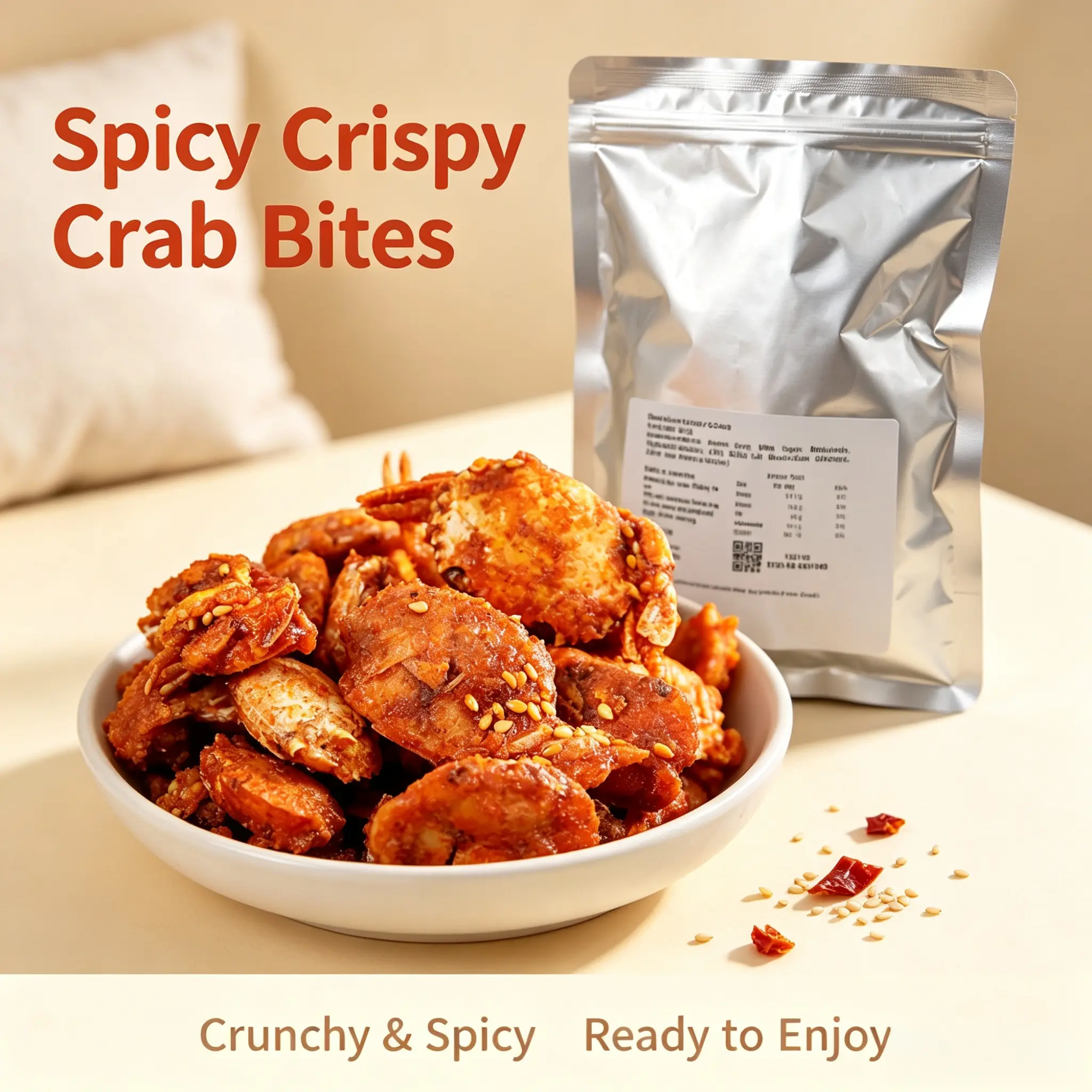 Crunchy crab meat snacks, ready-to-eat savory seafood treats, crispy and perfect for movie nights, parties and daily consumption.