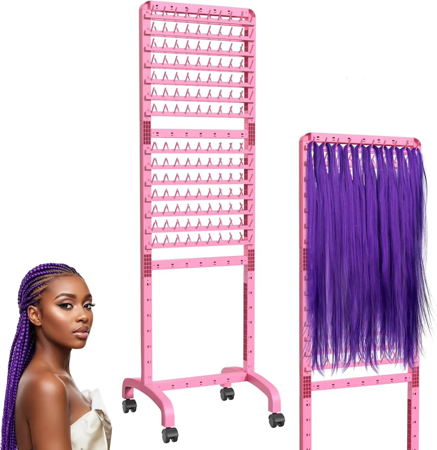Adjustable Braiding Rack 280 Pegs, 2-Sided Braiding Hair Rack for Braiders, Standing with Wheels,  Hair Separator for Stylists