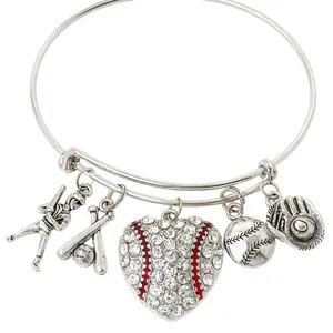 Baseball Charm Bangle Bracelet – Silver Plated Expandable Bracelet with Batter, Bat, Glove, and Rhinestone Heart Charms – Personalized Gift for Baseball Lover