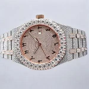 Full Iced quality wrist watch automatic waterproof bling bling diamond style watch round face design with Arabic numerals.