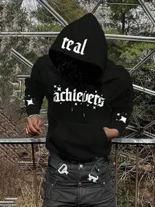 Men's Letter Print Hooded Sweatshirt with Pockets, Long Sleeve Fitted Street Style Top, Spring & Fall Fashion, Woven Fabric