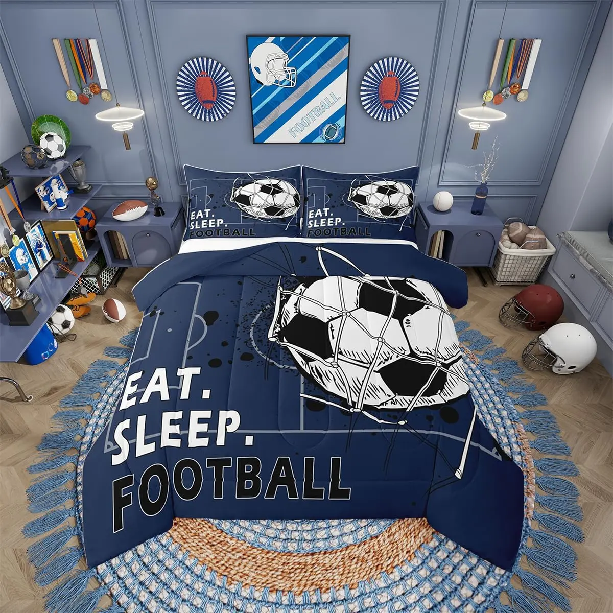 Football Comforter Sets,Soccer Bedding Set,Football Field Quilt,Ball Games Sports Navy Blue Bedding Comforter Sets