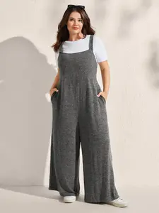 BLOOMCHIC Plus Size Heather Spandex Wide-Leg Jumpsuit - Stretchy, Sleeved, Pocketed Lady Overalls, Fit, Flat Turn-Up Design, [M-6X]2026 Summer Vibes Fit Women Swimweek