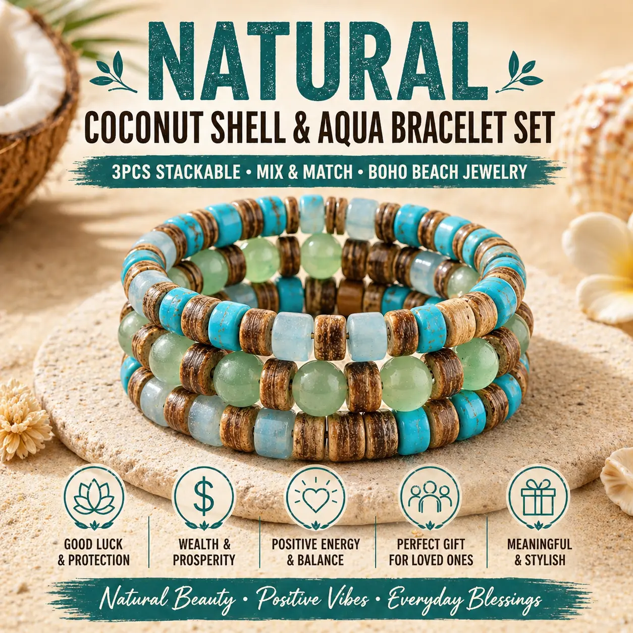 Unisex Beaded Bracelets, 3-Piece Turquoise & Green Stretch Bracelet Set, 4–6mm Boho Beach Jewelry