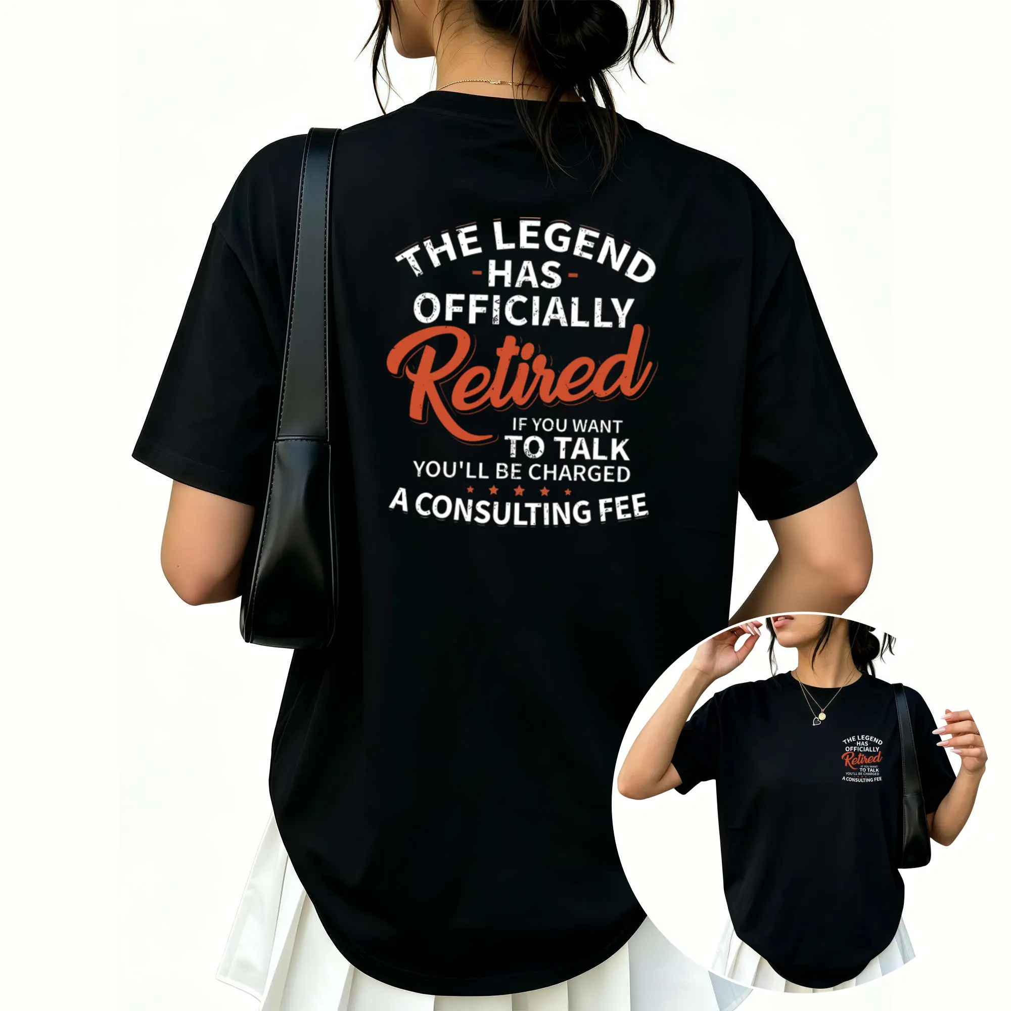 Women's Front and Back Printed T-shirt, "Legendary Retirement" Design, Round Neck Fashion Casual Short Sleeve Top with Retirement Life Pattern, Suitable for All Seasons, and Daily Wear, Fun Printed Design