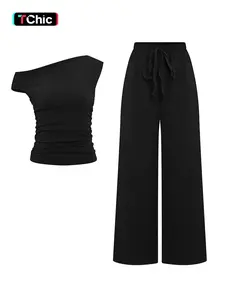 Women's Versatile Solid Color Sloping Shoulder Shirred Slim Top & Wide Leg Trousers Co-ord Casual Lounge Set Womenswear