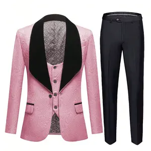 Gentlemen's Three-Piece Pink Jacquard Tuxedo Ensemble Slim-Fit Single-Breasted Shawl Collar Jacket With Matching Vest And Trousers