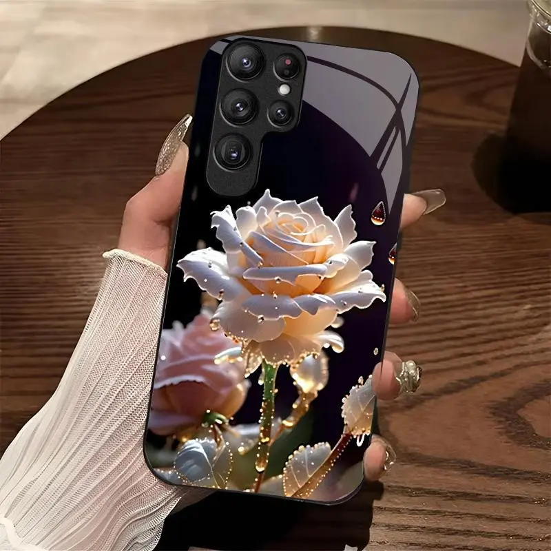 Luxury Rose  Glass Phone Case, Shockproof Floral Cover with Camera Protection, Compatible with 【Galaxy S23 Ultra】666
