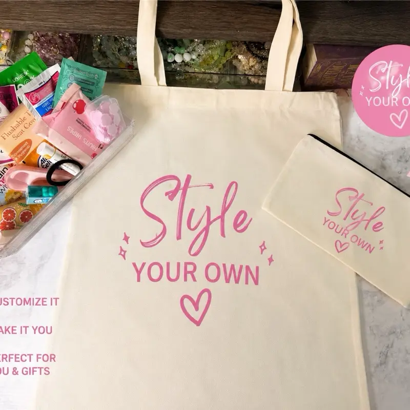 Customizable Canvas Tote Bag Bundle, Including Matching Essentials Pouch & Mini Purse Kit