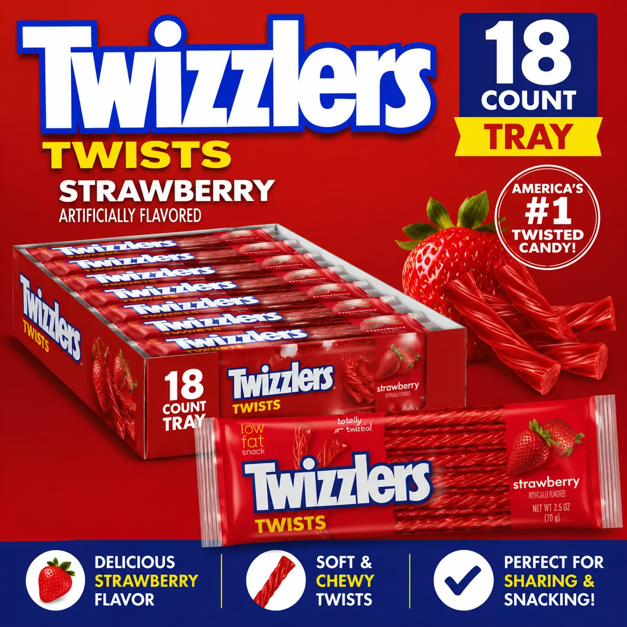 Twizzlers Strawberry Twists 18 Count Tray  Classic Strawberry Licorice Candy | Soft & Chewy Fruit Twists for Parties & Snacking