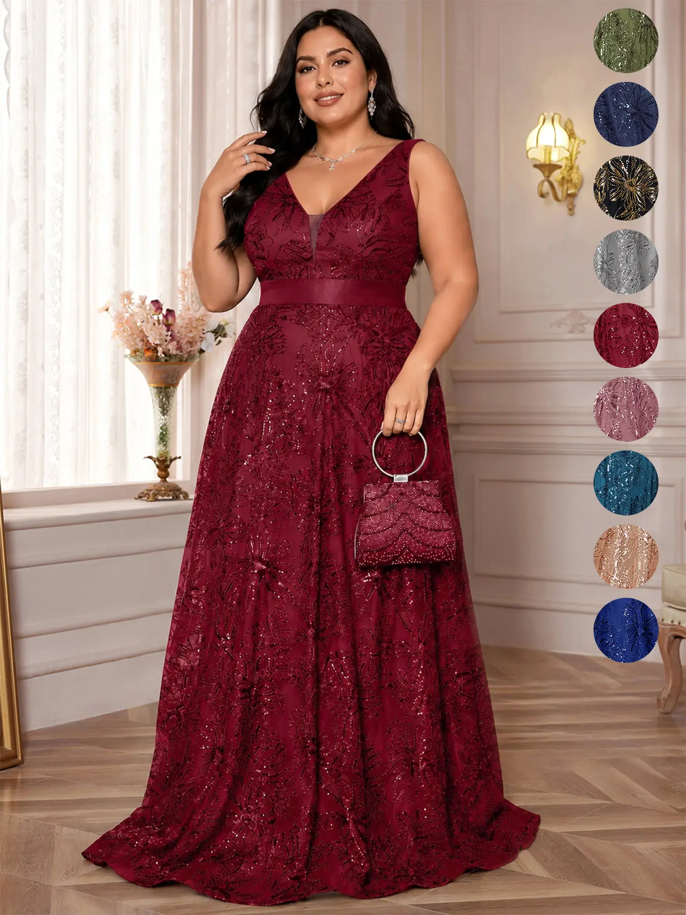 Multi-color Plus Size Women Sequins Embroidery Ribbon Splice Evening Dress, V-neck Big A-line Swing Elegant Formal Dress, Long Sleeve Luxury Heavy Decor Dress For Wedding Cocktail Party Mother Of Bride Banquet Birthday Ceremony