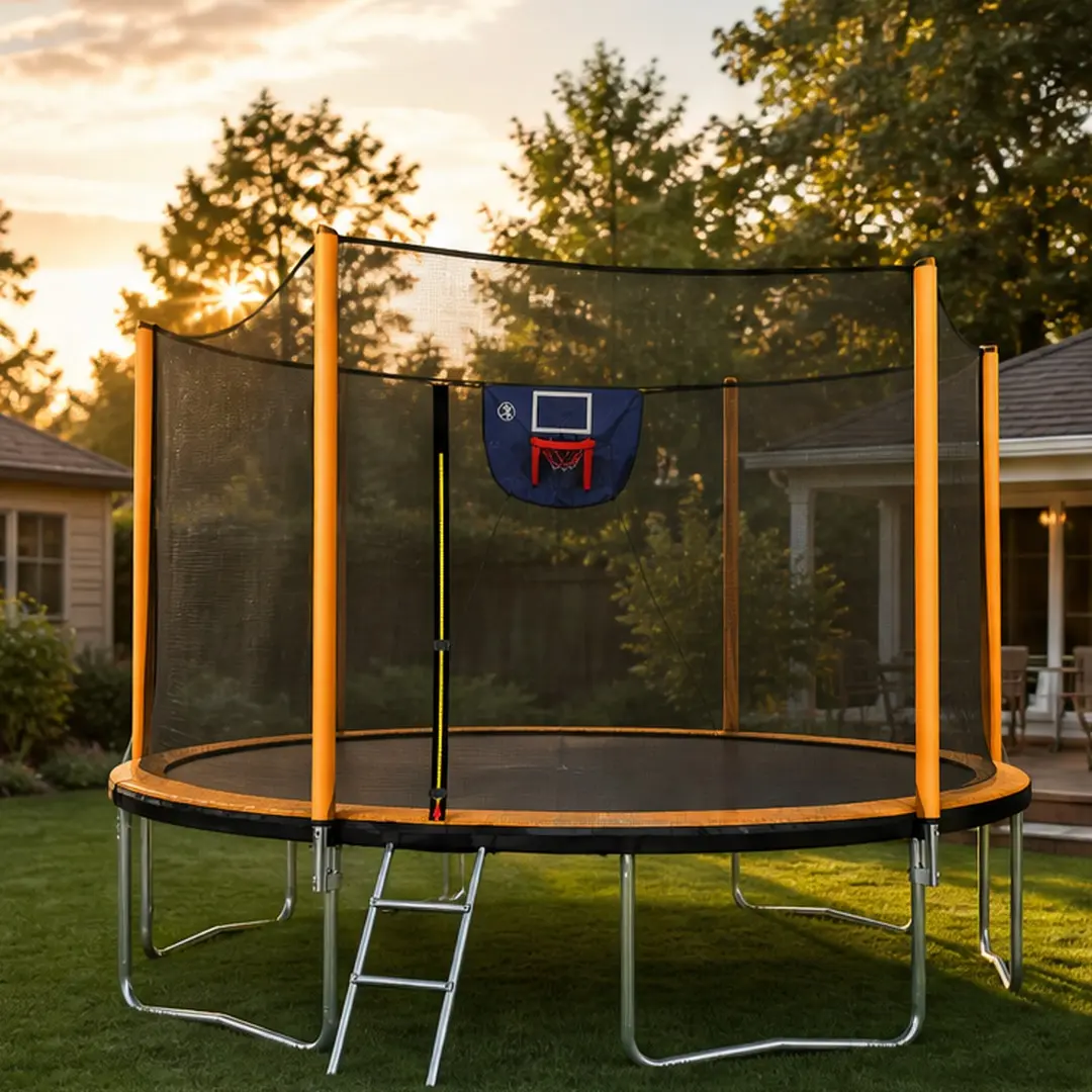 14FT Outdoor Leisure Trampoline for Kids, High-Bounce Jumping Mat, Safety Enclosure, Basketball Hoop, Ladder, Orange Steel Frame with W-Shape Legs, Recreational Family Trampoline, Recreational Trampoline