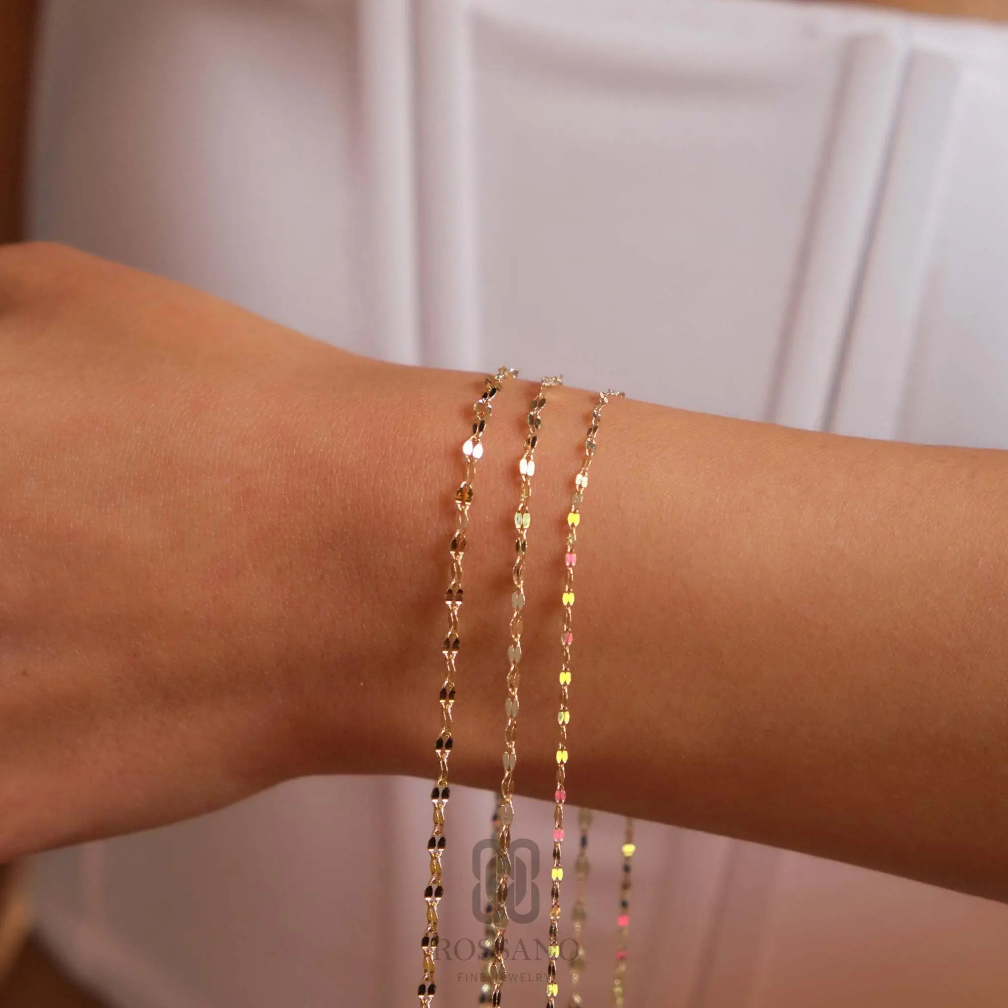 14K Solid Gold Sequin Bracelet, 2mm 3mm 4mm Delicate Gold Chain Bracelet