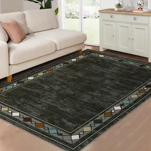 Area Rug, Geometric Border Rugs for Living Room, Machine Washable Rugs for Bedroom, Modern Bordered Front Door Mat, Non-Slip Stain Resistant Accent Rug, Home Decor Carpet
