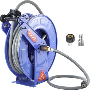 JOEJET Auto Retractable Pressure Washer Hose Reel with Hose, 50FT x 3/8" Heavy Duty Steel Power Washer Hose Reel, Wall/Floor Mounted, Blue, 4000 PSI fathersdaygift