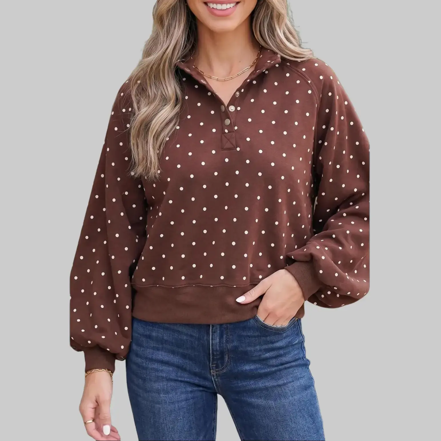 S-4X Women Polka‑Dot Print Raglan Long‑Sleeve Sweatshirt, Metal Button Henley Collar Loose Pullover Top, 100% Polyester Casual Daily Wear Shirt,V Neck Metal Button Long Sleeve Shift Plus Size Sweatshirt