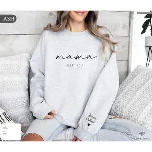 Personalized Mama Est Sweater Hoodie Kid Names on Sleeve, Custom Mothers Day Birthday Gift, New Mom Sweatshirt , Global Trending Outfits