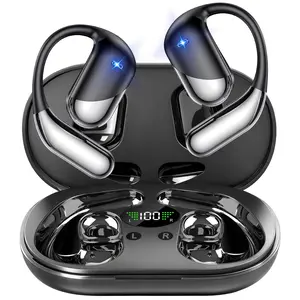 Open Ear Wireless Earbuds Headphones, Bluetooth Built-in Mic,Waterproof, LED Display Charging Case,on Ear Hooks clip Ear Buds，Ultra-Comfort Earphones Design for Running Fitness workout office gym Black