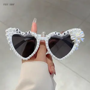 FHSY SHOP White Heart Plastic Non-Prescription Frame/Glasses - "Bride To Be" Letter, Pearls, UV400 Sun Protection - Cute Adult Bridal Eyewear for Bachelorette Parties, Wedding Photos, All Seasons