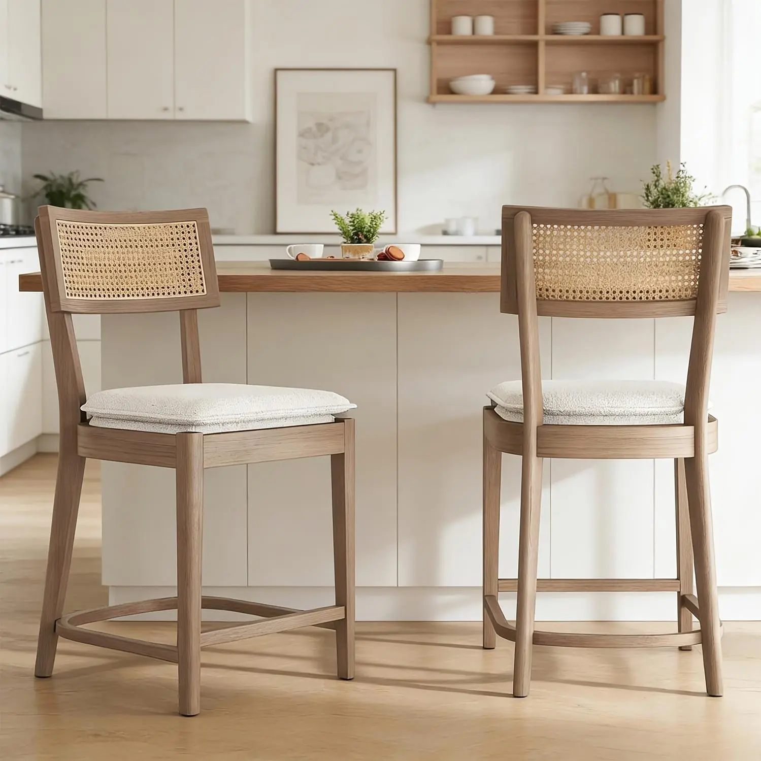Set of 2 White Vintage Counter Height Bar Stools with Removable Boucle Cushioned Seats, Cane Backs & Frame - Padded Rattan Stools Island, Dining Table, or Counter (Assembly Required)