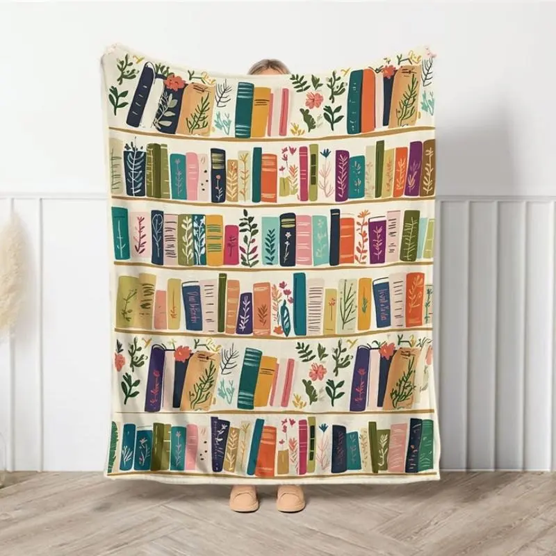 Vintage Book-Themed Throw Blanket - Cottagecore Floral Design, Soft Cozy Fabric, Ideal Gift for Book Lovers, Summerwins Library Bookshelf Blanket, Book-Themed Blankets