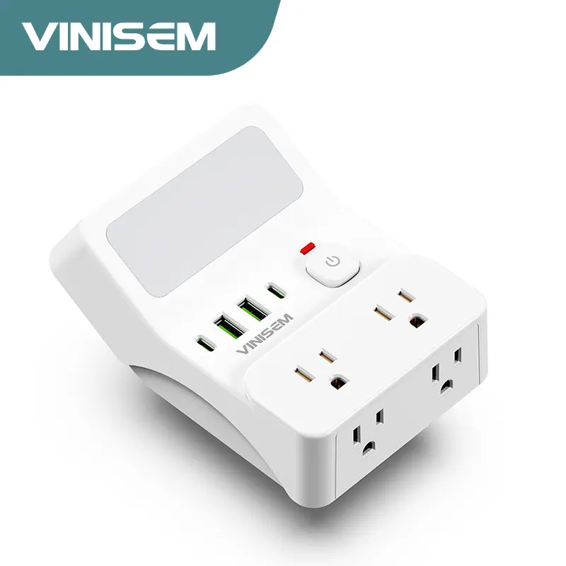 night light wall socket, 4 AC sockets with overload protection, maximum power of 1250W, 10A, 2 USB 2 Type-C, suitable for home, office, travel and computer.