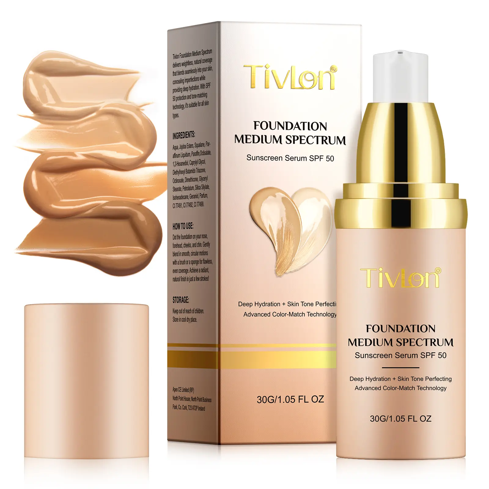 Tivlon Foundation 4 in 1- Medium Spectrum, SPF 50, Flawless, Natural Looking Finish Deep Hydration Sunscreen Base Moisturizing Moisturizer Makeup