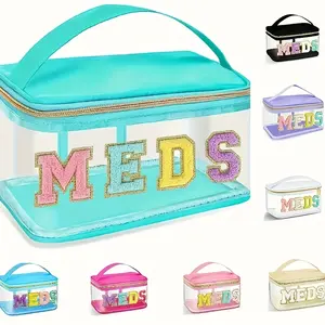 Stylish Black Chenier Alphabet Patch MEDS Bag - Transparent Travel Medicine Organizing Bag with Handle, Waterproof Nylon Portable Medicine and Toiletry Storage Bag, Suitable for Patients and Nurses